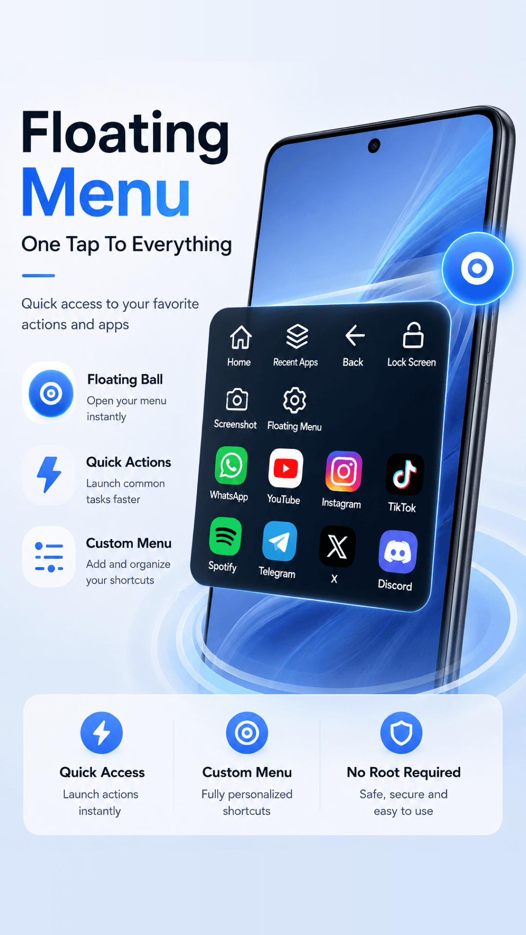 Floating Menu app preview showing a phone with a floating shortcut menu